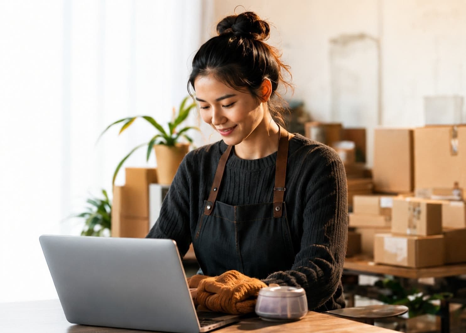 A seller packing an order for her online store